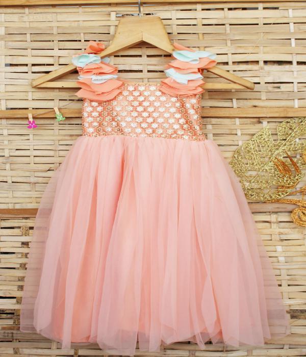 Girls' Party Frock - Net Fabric, Full Elastic Fit For Small & Large Sizes, Light Pink With Patch Work And Beaded Drawstrings, Hassle-free Wear For Summer