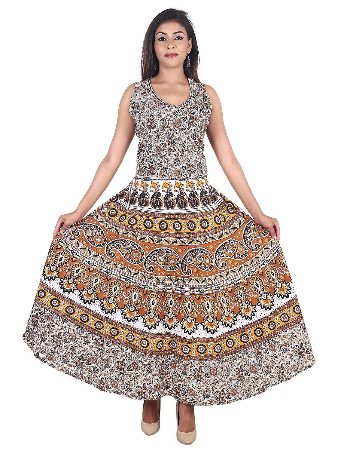 Jaipuri Printed Long Maxi Dress - 100% Pure Cotton 50 Inch Length Blue Color | Half-sleeve Anti-wrinkle Washable Regular Fit Free Size Up To 44 Inches
