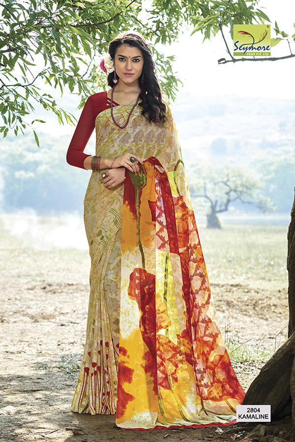 Stylish Georgette Printed Saree - Georgette Fabric With Blouse Piece, Purple Color Seymore Print With Jacquard Butta Designs | Bollywood Style