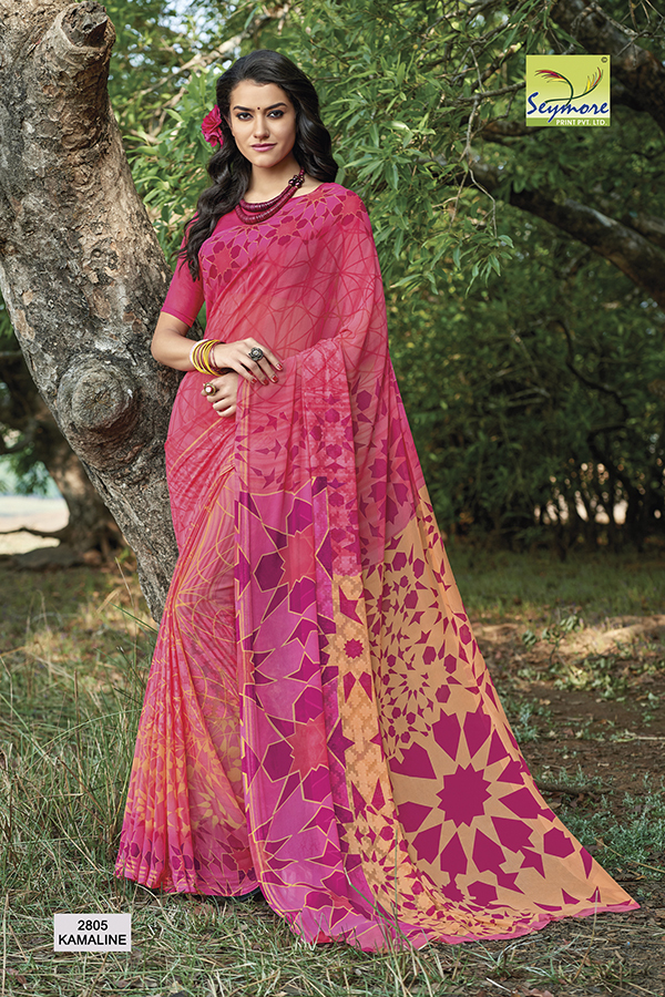Stylish Georgette Printed Saree - Georgette Fabric With Blouse Piece, Purple Color Seymore Print With Jacquard Butta Designs | Bollywood Style