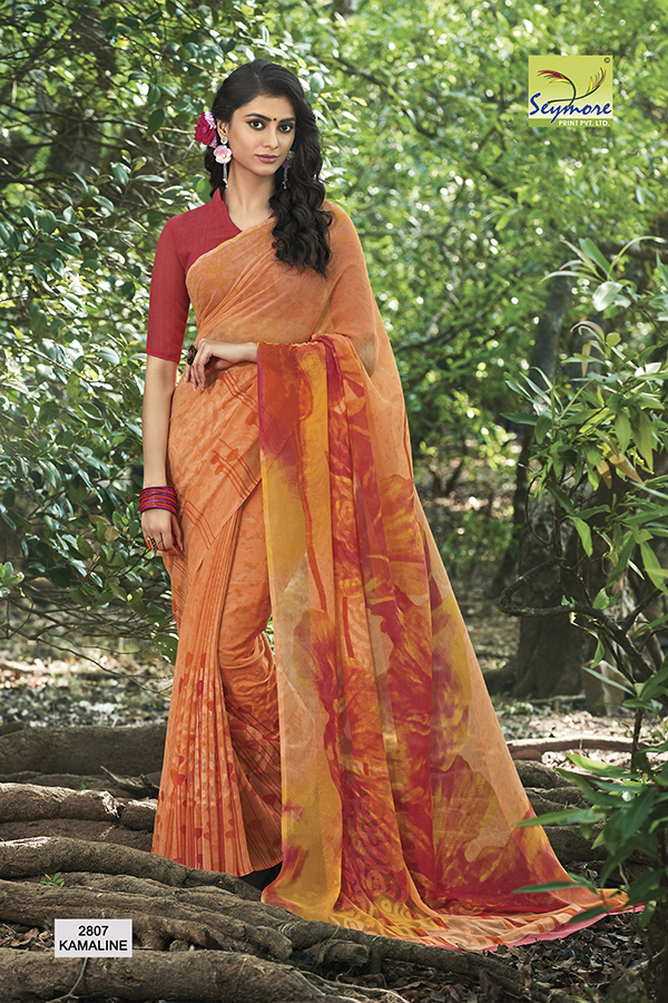 Stylish Georgette Printed Saree - Georgette Fabric With Blouse Piece, Purple Color Seymore Print With Jacquard Butta Designs | Bollywood Style