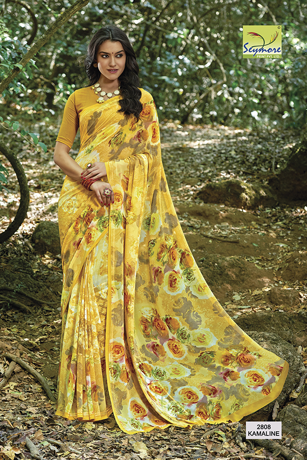 Stylish Georgette Printed Saree - Georgette Fabric With Blouse Piece, Purple Color Seymore Print With Jacquard Butta Designs | Bollywood Style