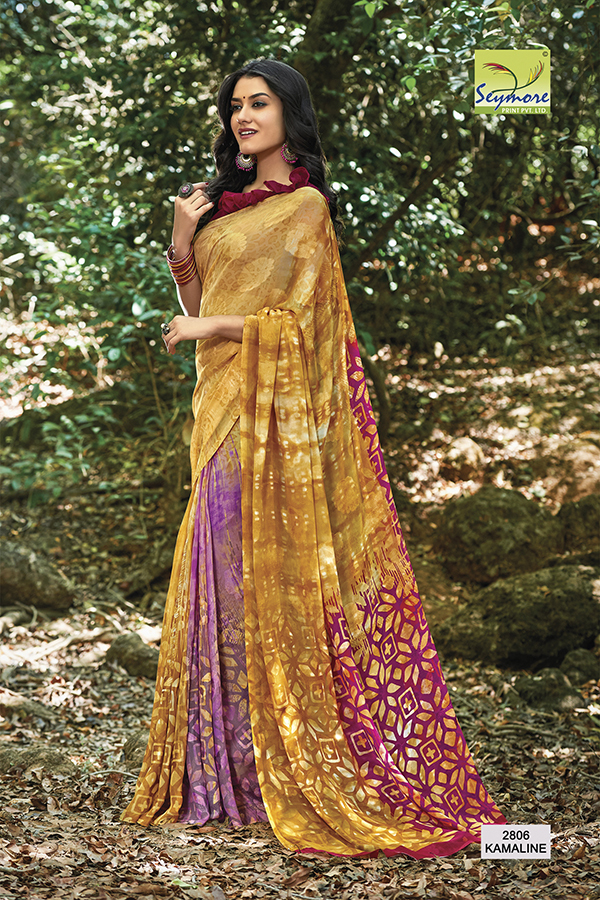 Stylish Georgette Printed Saree - Georgette Fabric With Blouse Piece, Purple Color Seymore Print With Jacquard Butta Designs | Bollywood Style