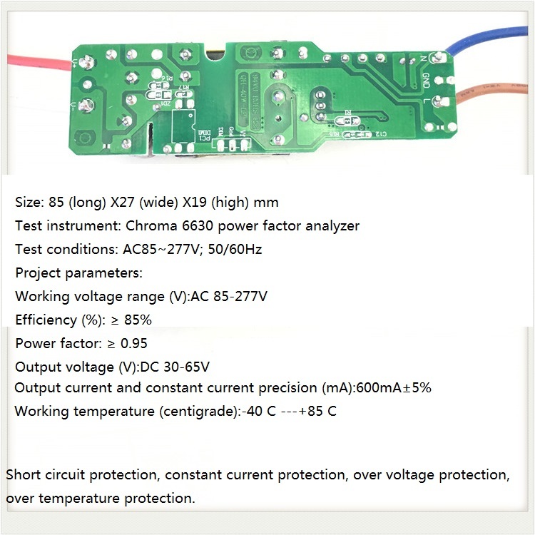 Built-in Led Driver Power Supply - Ac85-277v Input, Dc30-65v Output @ 600ma ±5% | Fr3 Base Material, 85x27x19mm Size, Yellow Silkscreen, Enig Surface Finish, 12 Months Warranty