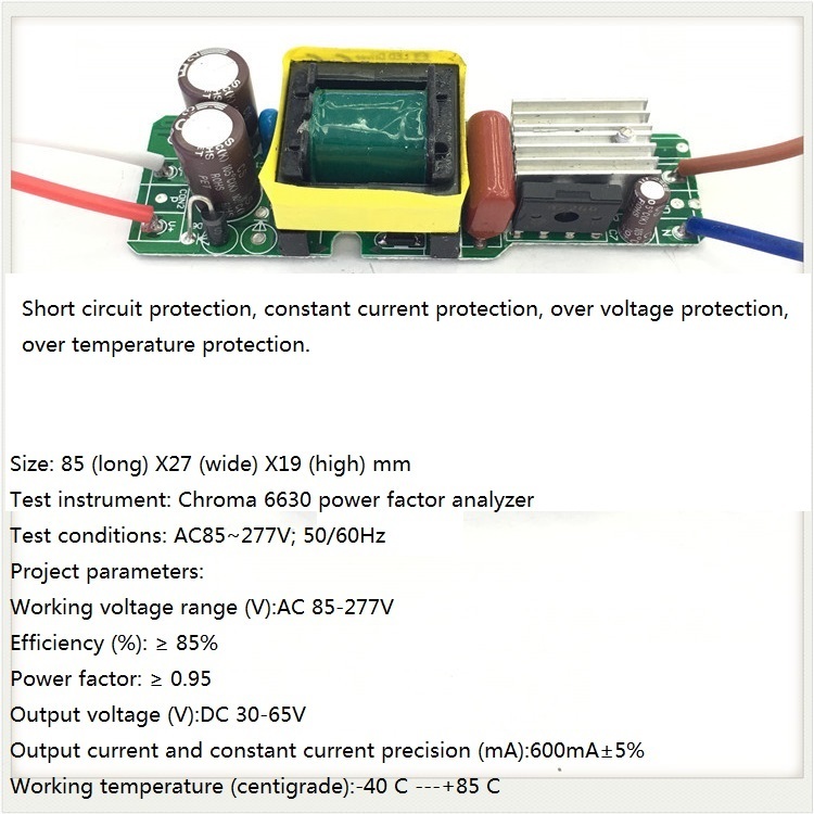 Built-in Led Driver Power Supply - Ac85-277v Input, Dc30-65v Output @ 600ma ±5% | Fr3 Base Material, 85x27x19mm Size, Yellow Silkscreen, Enig Surface Finish, 12 Months Warranty