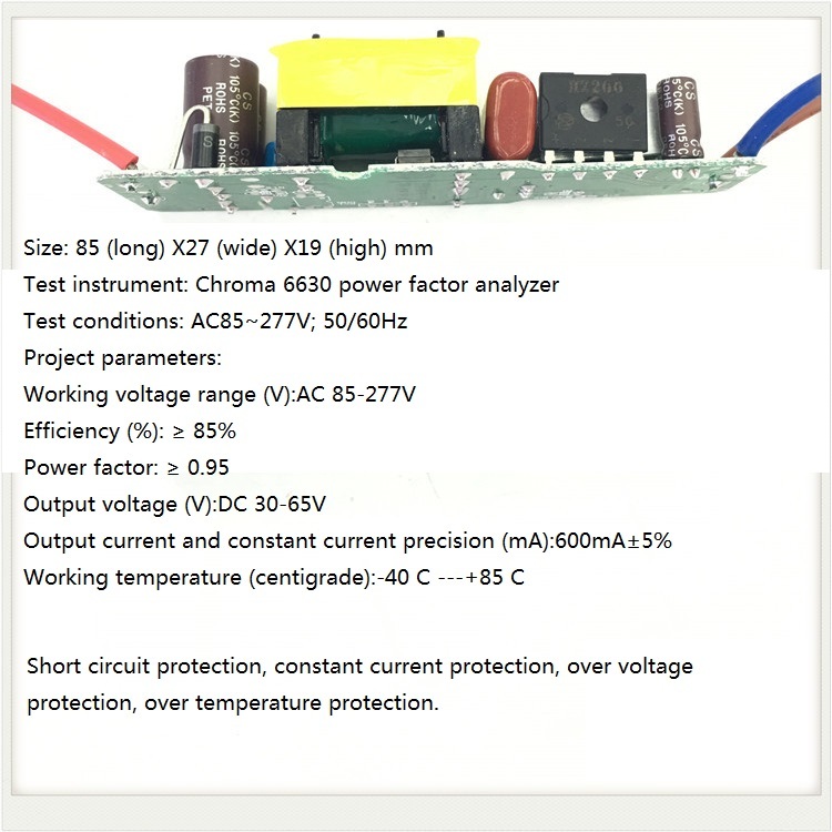 Built-in Led Driver Power Supply - Ac85-277v Input, Dc30-65v Output @ 600ma ±5% | Fr3 Base Material, 85x27x19mm Size, Yellow Silkscreen, Enig Surface Finish, 12 Months Warranty