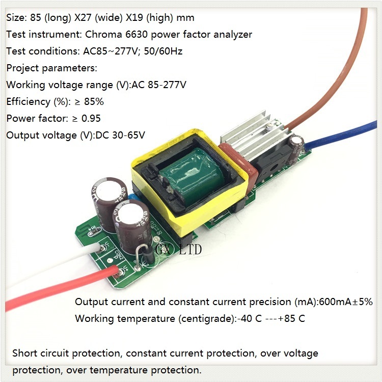 Built-in Led Driver Power Supply - Ac85-277v Input, Dc30-65v Output @ 600ma ±5% | Fr3 Base Material, 85x27x19mm Size, Yellow Silkscreen, Enig Surface Finish, 12 Months Warranty