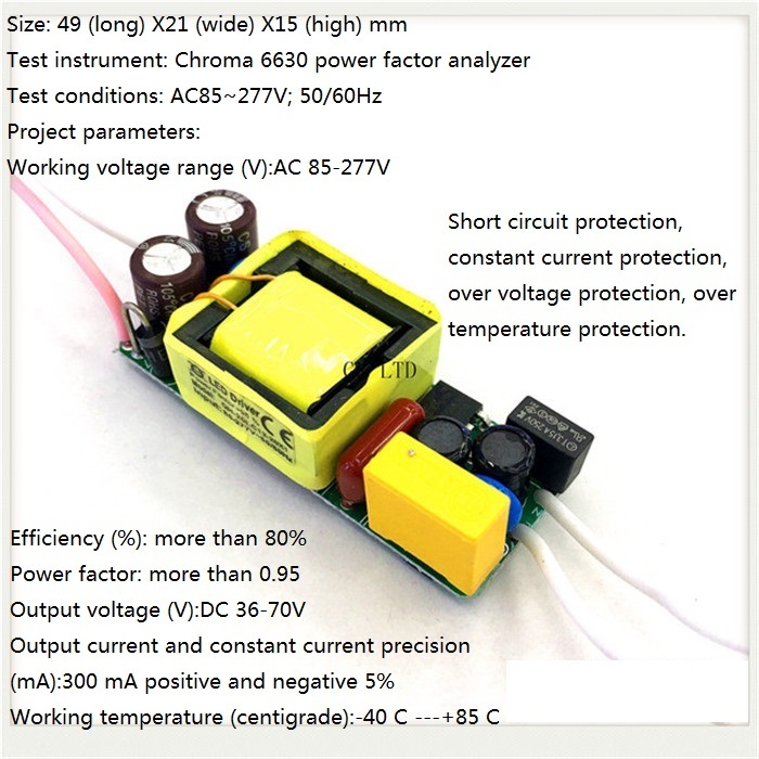 Built-in Led Driver Power Supply 12-20x1w(ce) Input Ac85-277v Output Dc36-70v/300maa A 5% Base Material: Fr3