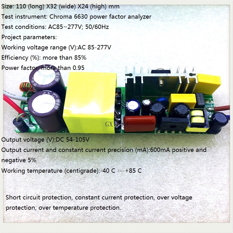 Built-in Led Driver Power Supply 18-30x3w(ce) Input Ac 85-277v Output 54-105v/600maa A 5% Base Material: Fr3