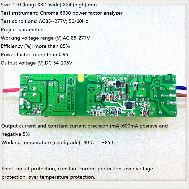 Built-in Led Driver Power Supply 18-30x3w(ce) Input Ac 85-277v Output 54-105v/600maa A 5% Base Material: Fr3