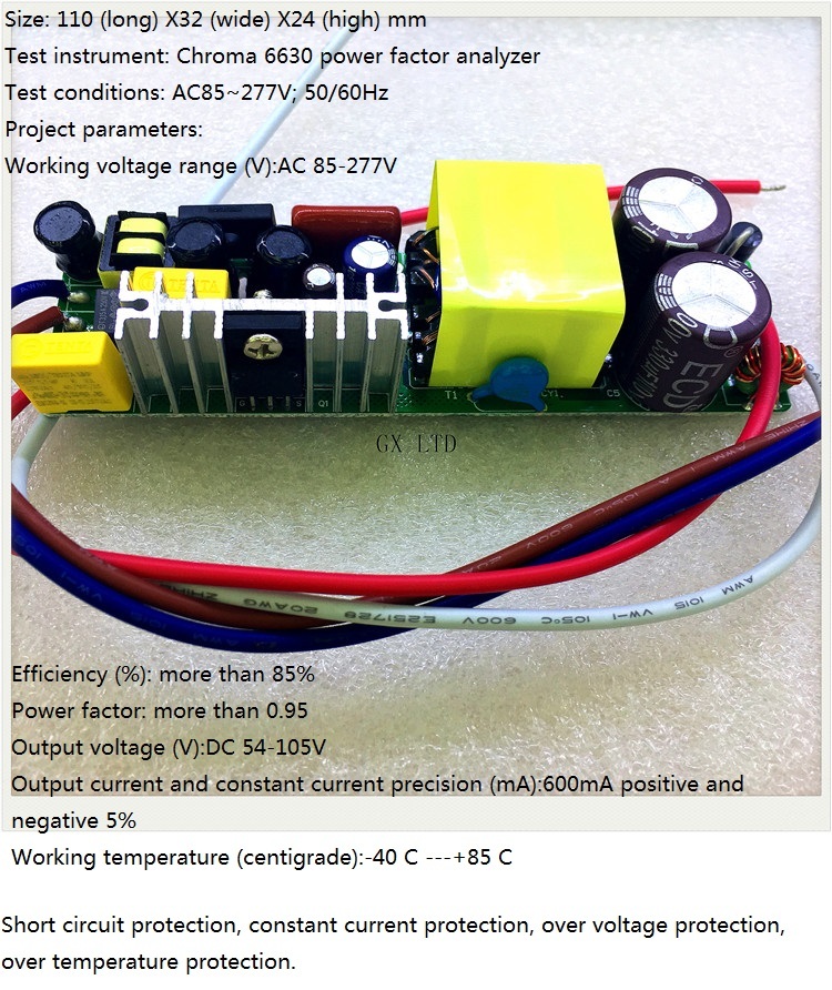Built-in Led Driver Power Supply 18-30x3w(ce) Input Ac 85-277v Output 54-105v/600maa A 5% Base Material: Fr3
