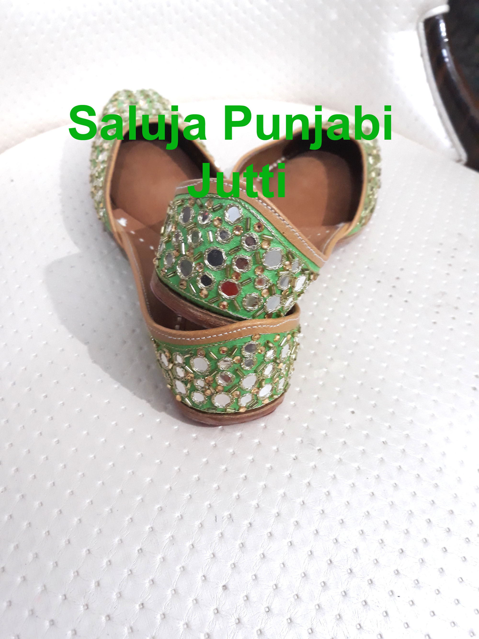 Punjabi Jutti - Leather & Cotton Blend, All Sizes From 5 To 10.5 Usa, Green Color, Flat Heel Type With Customized Logo & Extra Padding For Ultimate Comfort