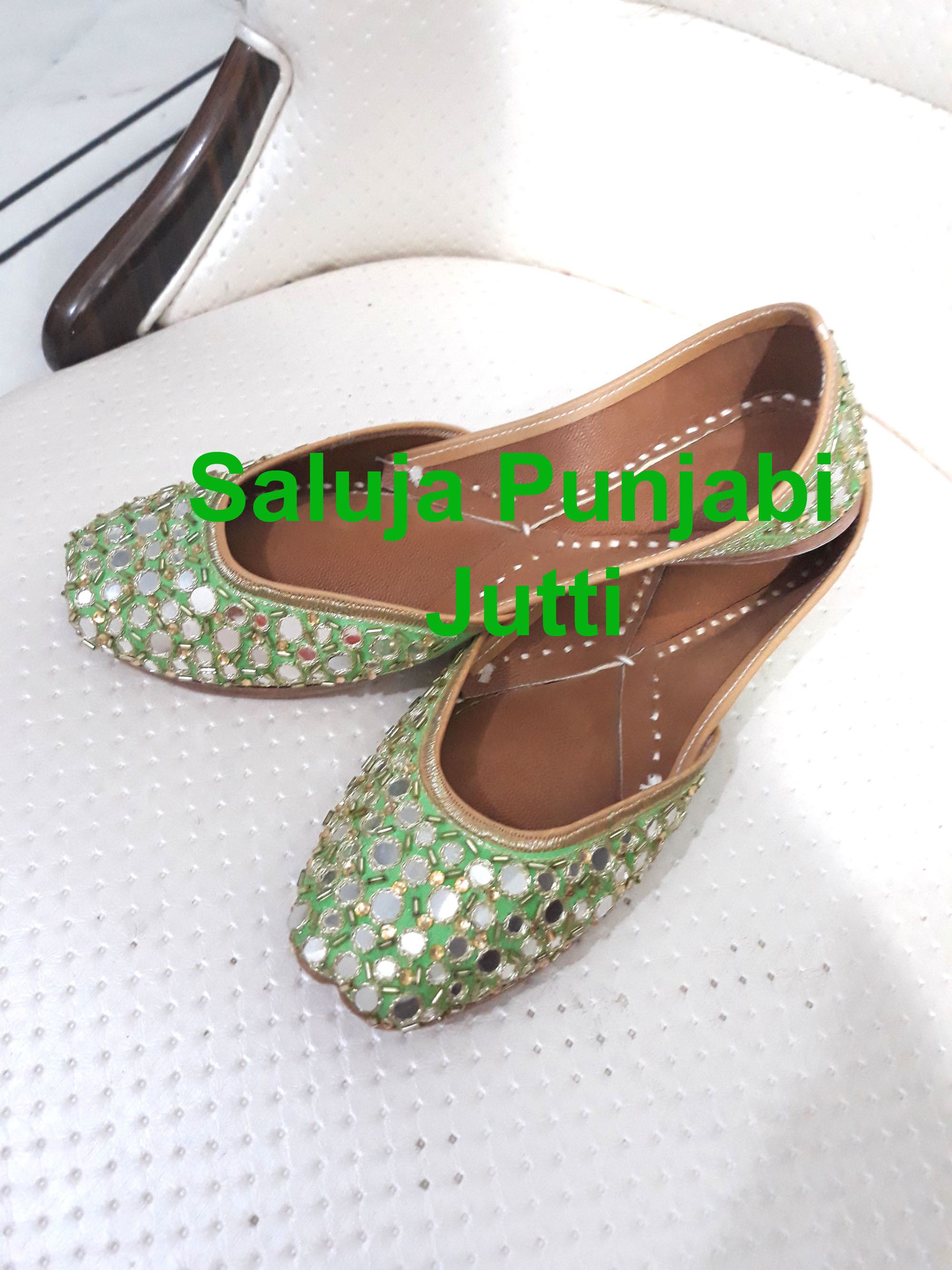 Punjabi Jutti - Leather & Cotton Blend, All Sizes From 5 To 10.5 Usa, Green Color, Flat Heel Type With Customized Logo & Extra Padding For Ultimate Comfort