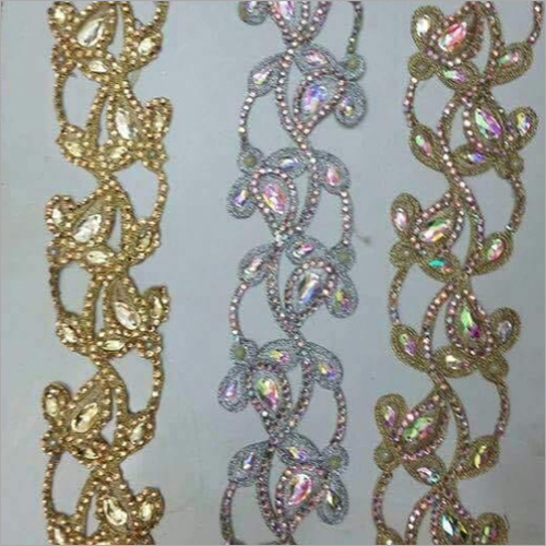 Cut Work Lace - Silk Material, 9 Meter Length, One-Sided Design | Decorative Stones Embellished for Elegant Styling