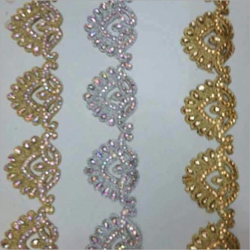 Cut Work Lace - Silk Material, 9 Meter Length | One-Sided Design with Decorative Stones Accents