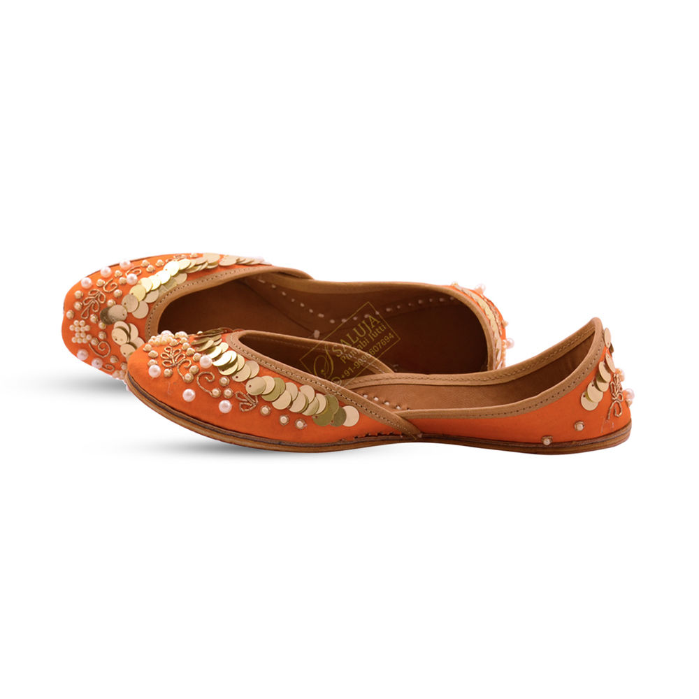 Party Wear Punjabi Jutti Orange Color With Golden Work For Ladies Heel Size: Flat