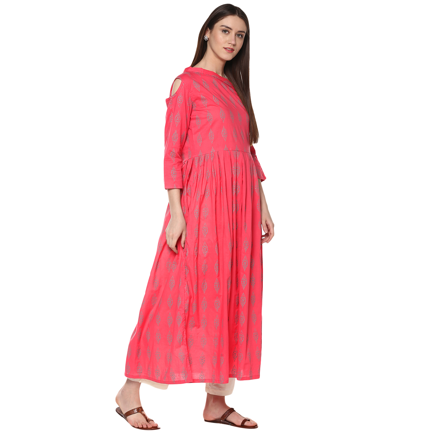 Rayon Printed Kurti - Off-shoulder, Knee Length, Pink | 3/4 Sleeves, Regular Fit, Stylish Pattern