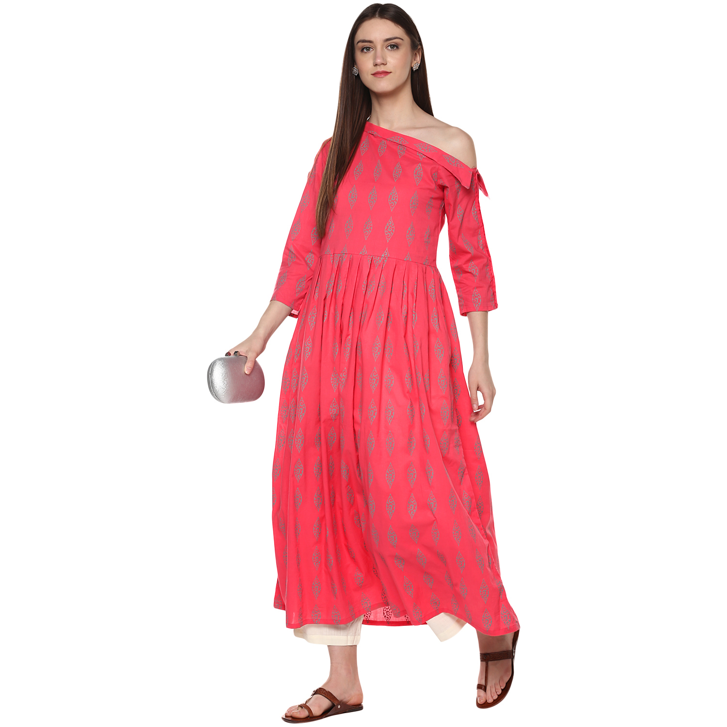 Rayon Printed Kurti - Off-shoulder, Knee Length, Pink | 3/4 Sleeves, Regular Fit, Stylish Pattern