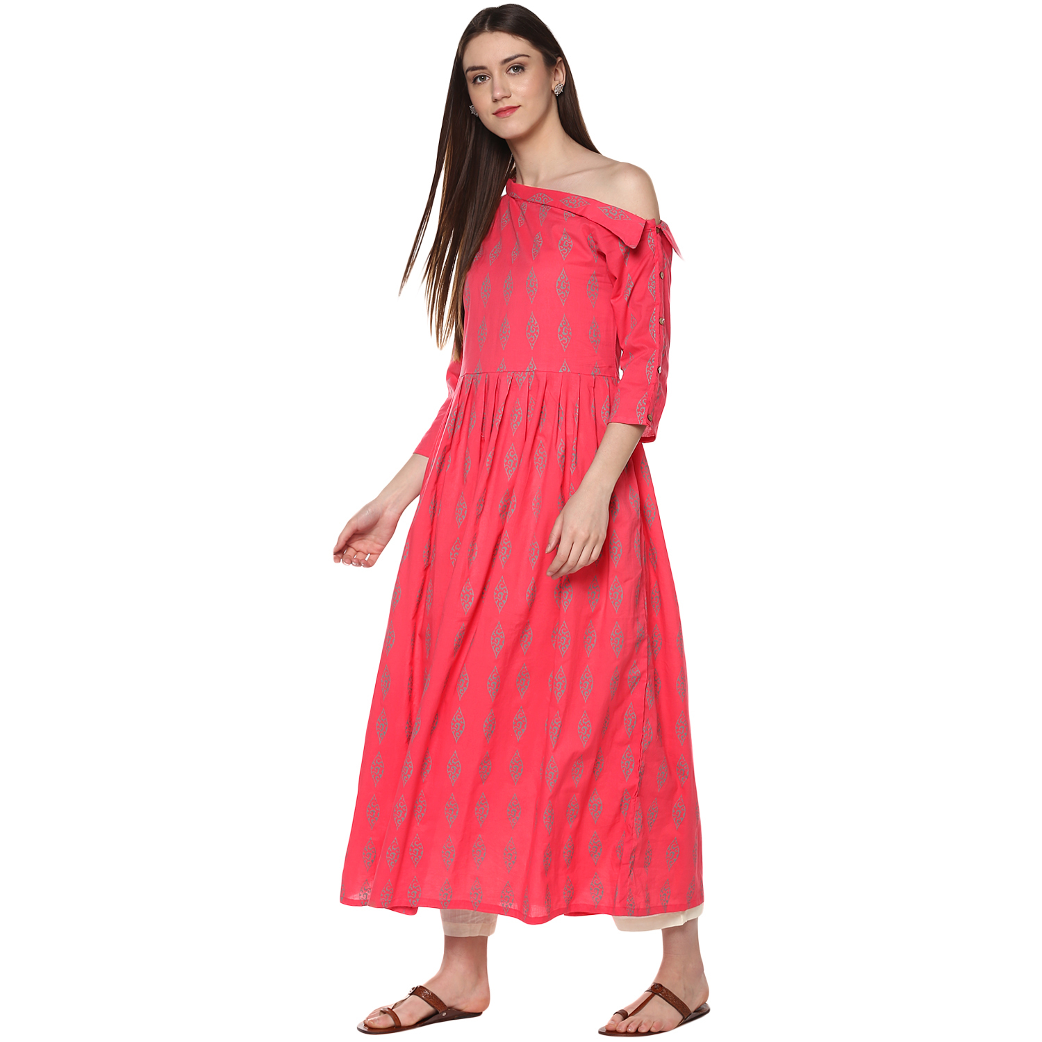 Rayon Printed Kurti - Off-shoulder, Knee Length, Pink | 3/4 Sleeves, Regular Fit, Stylish Pattern