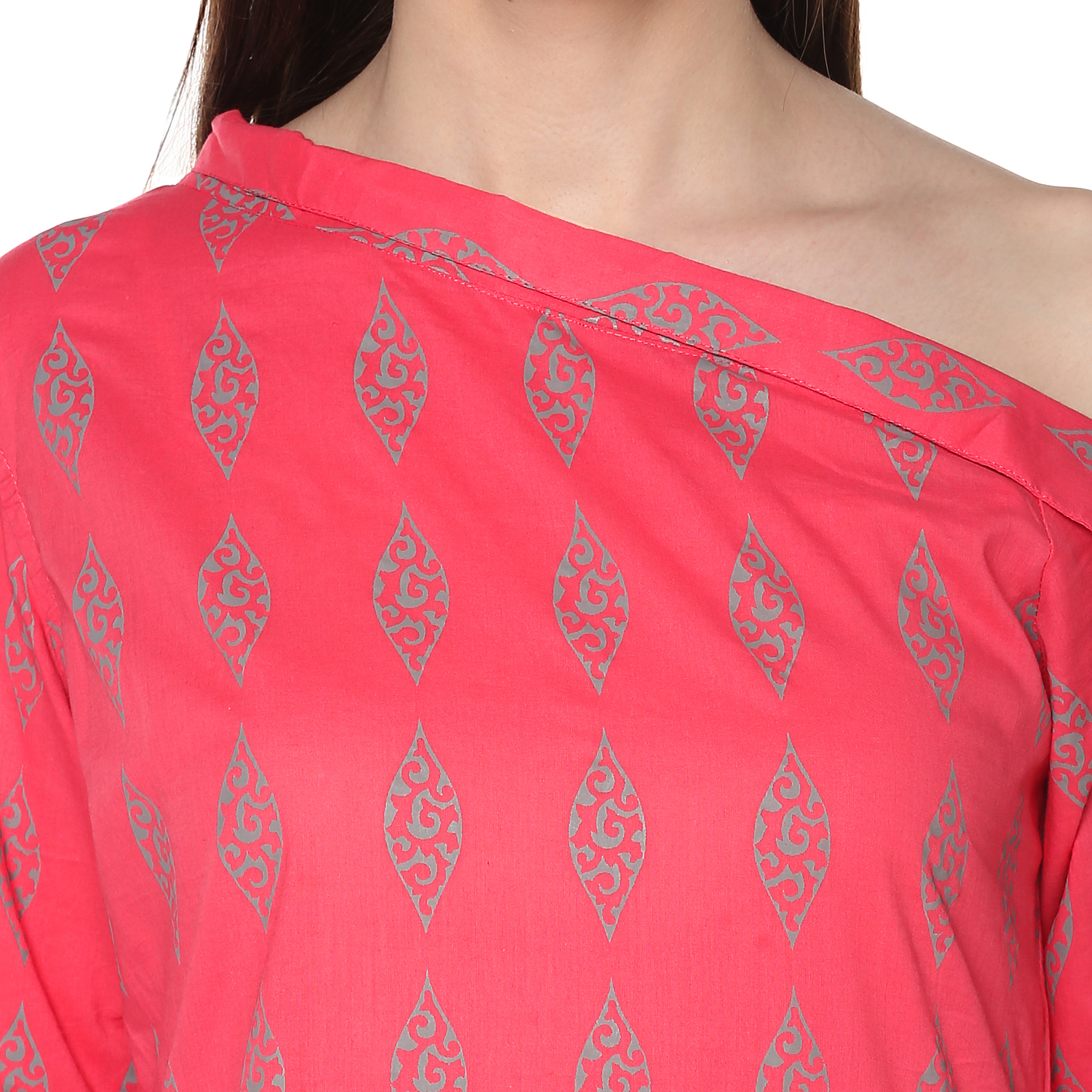 Rayon Printed Kurti - Off-shoulder, Knee Length, Pink | 3/4 Sleeves, Regular Fit, Stylish Pattern