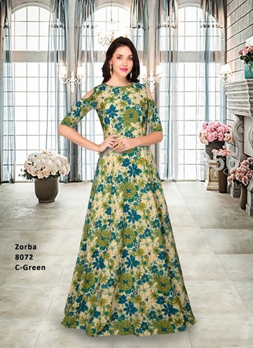 Green Floral Print Designer Gown For Ladies - Ethnic Region: Indian