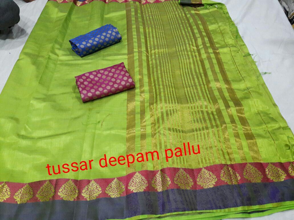 Chiffon Tussar Silk Deepam Border Saree With Extra Blouse