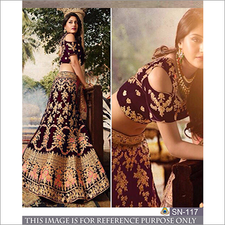 Designer Lehenga Choli - Velvet, Floor Length Burgundy Dress | Gold Embroidery, Cold Shoulder Blouse, Short Sleeves, Perfect for Weddings