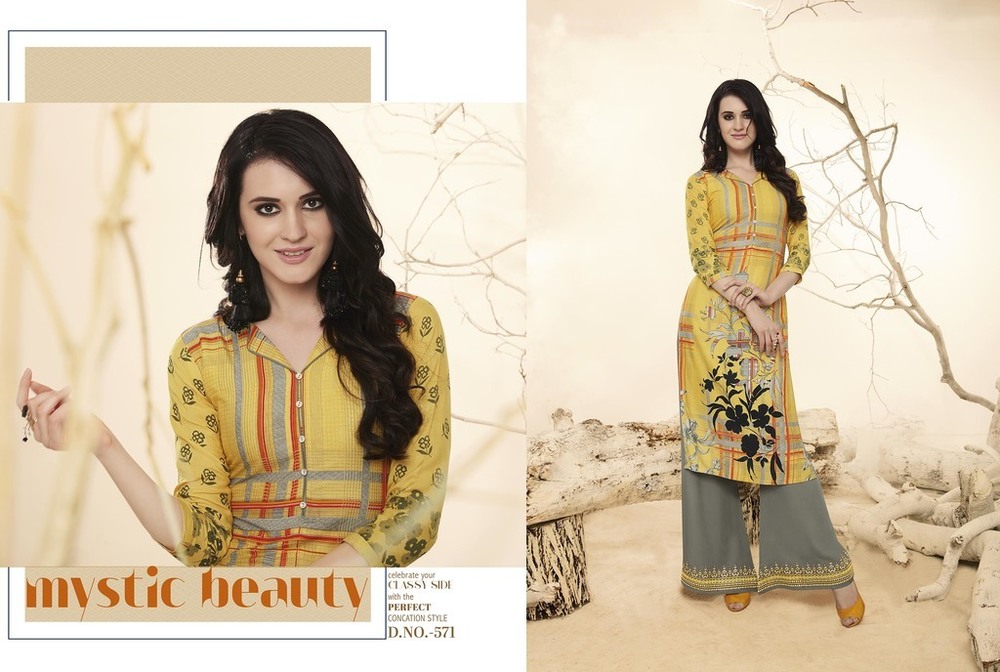 पीली और ग्रे डिज़ाइनर रेयॉन प्रिंटेड कुर्ती ऑनलाइन