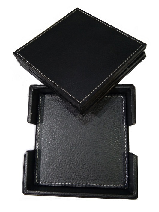 Leather Tea Coaster - Square 4x4 Inch | Modern Painted Black Leather Design