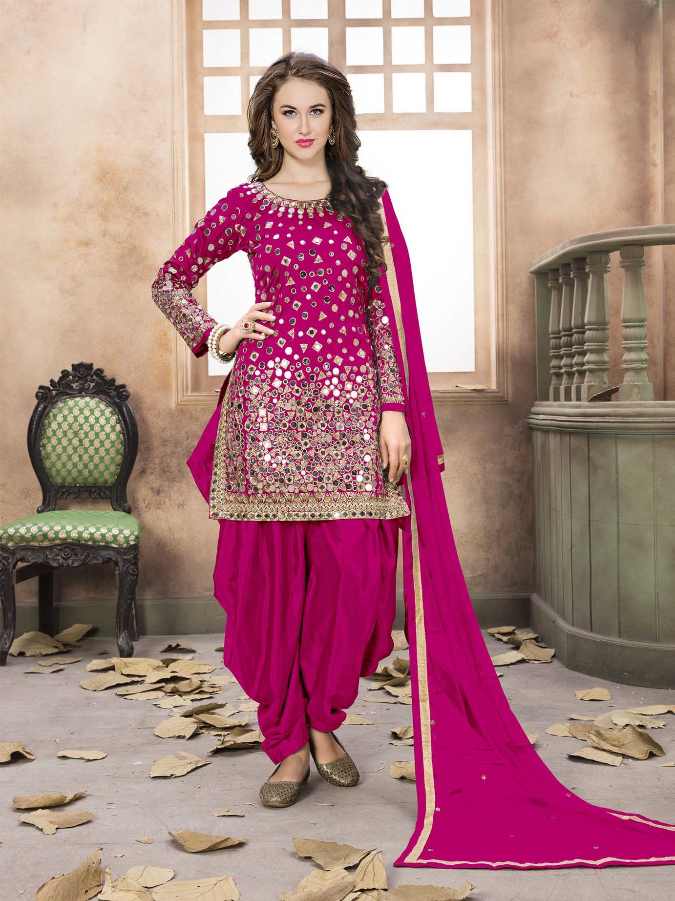 Green Silk Patiala Salwar Kameez - Long Sleeve, Mirror Work | Party Wear, 2.5m Dupatta, Semi Stitch
