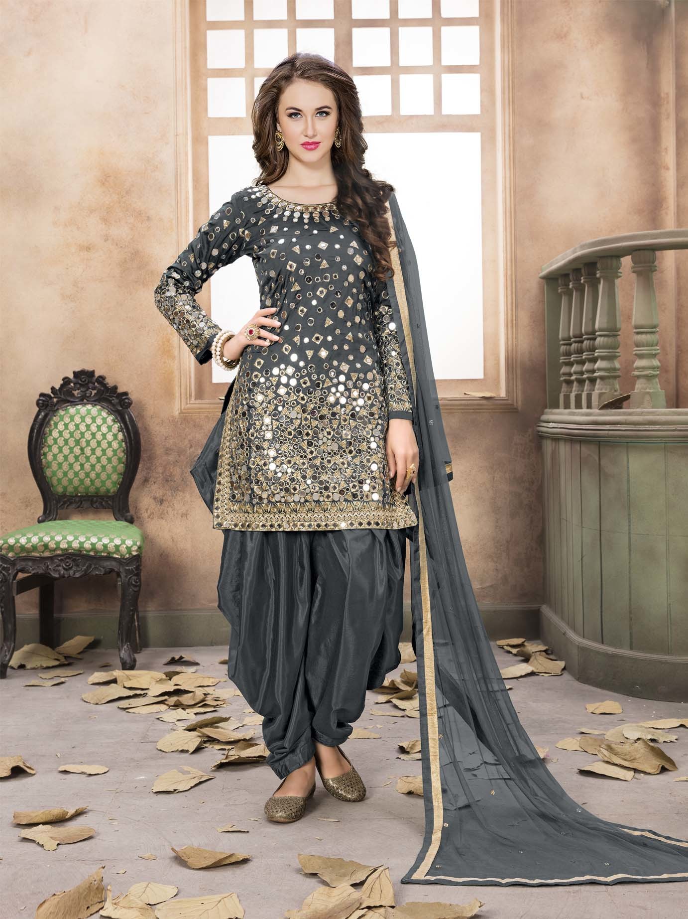 Green Silk Patiala Salwar Kameez - Long Sleeve, Mirror Work | Party Wear, 2.5m Dupatta, Semi Stitch