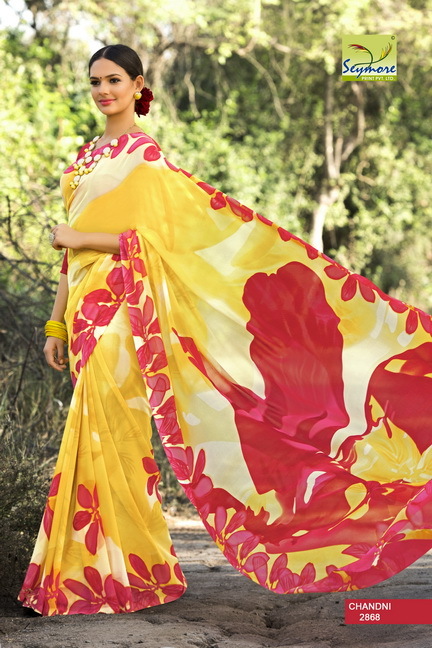 Beautiful Printed Saree - Georgette, 5.5 Mtrs Length With 0.8 Mtrs Blouse | Yellow Color, Designer Print, Bollywood Style, Soft Fabric