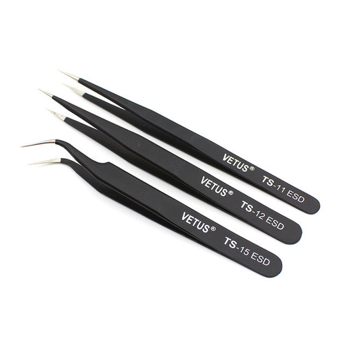 ESD Tweezers - Stainless Steel, 110mm Length, Black | Anti-Static, High Hardness, Precision Electronic Component Use