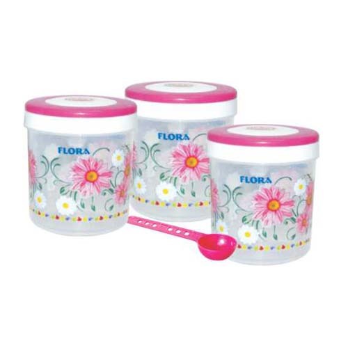 Spicy 1100 - Plastic Round Foil Printed Multi Purpose Container Set of 3 | Rigid 1000 ml, Transparent Printed and Plain Colors, Twist Lock with Spoon