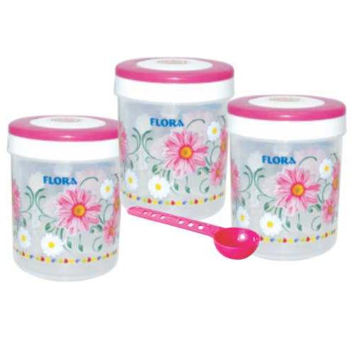 Plastic Round Foil Printed Multi-Purpose Container - Rigid PP Material, 1500 ml Size, Blue and Pink Colors | Twist Lock Design, Set of 3 with Spoon