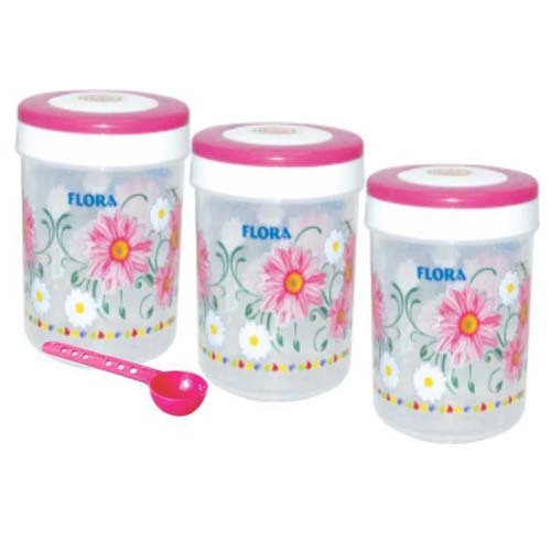 Plastic Round Foil Printed Multi Purpose Container - 2200 ml, Rigid Plastic, Blue & Pink, Set of 3 with Twist Lock & Spoon