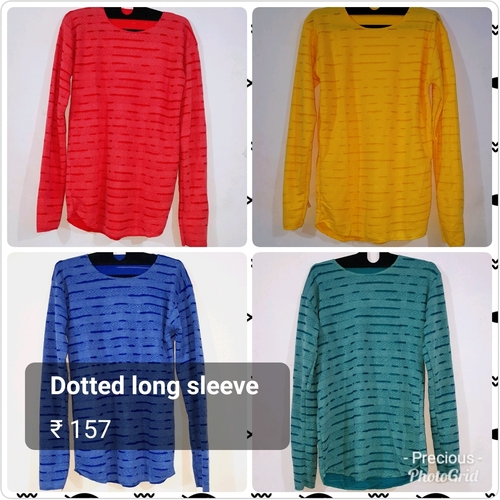Mens T Shirt - Spandex Long Sleeve, O-Neck Style, Dyed Pattern | Stylish Dotted Lines Design, Available in Blue, White, Black, Grey, Yellow, Red, Sky Blue, Green