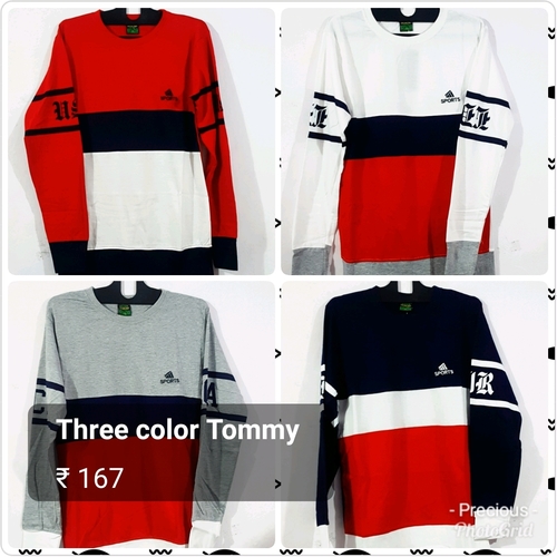 Mens T Shirt - Cotton Long Sleeve, O-Neck Collar | Three Color Combination: Blue, White, Black, Grey, Yellow, Red, Sky Blue, Green