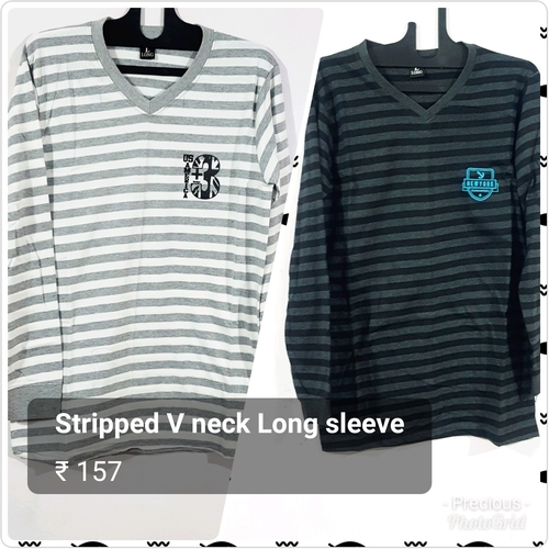 Mens T Shirt - Cotton Striped Long Sleeve V-Neck | Colors: Black, Grey, White, Designed for Male Comfort and Style