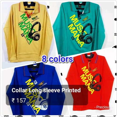 Mens T-Shirt - Cotton Fabric, Long Sleeve, Polo Collar, Printed Design | Available in Blue, White, Black, Grey, Yellow, Red, Sky Blue, Green