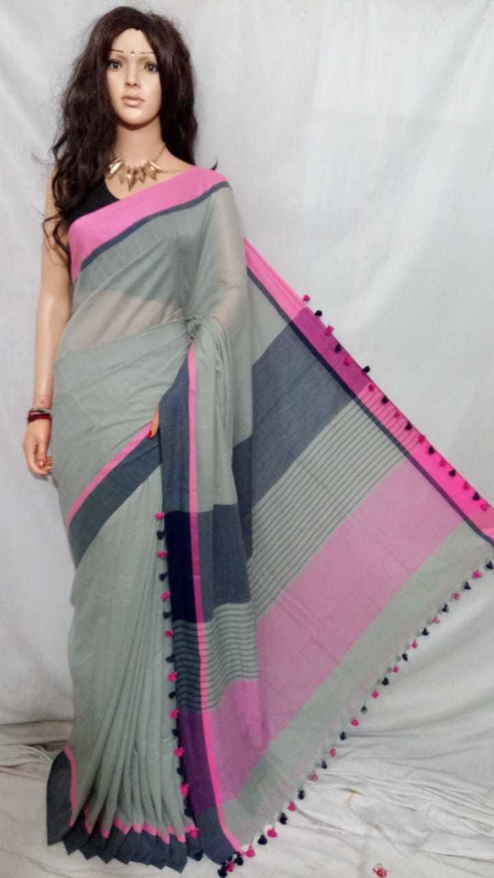 Designer Saree - Cotton, 6.30 Mtr Length, Pink & Blue Color | Hand Wash, Casual Festival Ceremonial Party Wear, Warranty 6 Months, Plain Pattern