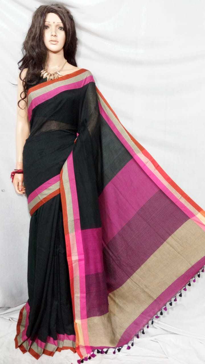 Designer Saree - Cotton, 6.30 Mtr Length, Pink & Blue Color | Hand Wash, Casual Festival Ceremonial Party Wear, Warranty 6 Months, Plain Pattern