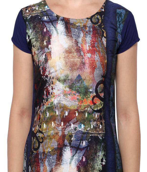 Navy Blue Crape Kurti - Round Neck, Short Sleeves | Digital Print Front And Sleeves, Casual Dress, Available In Sizes M-xxl
