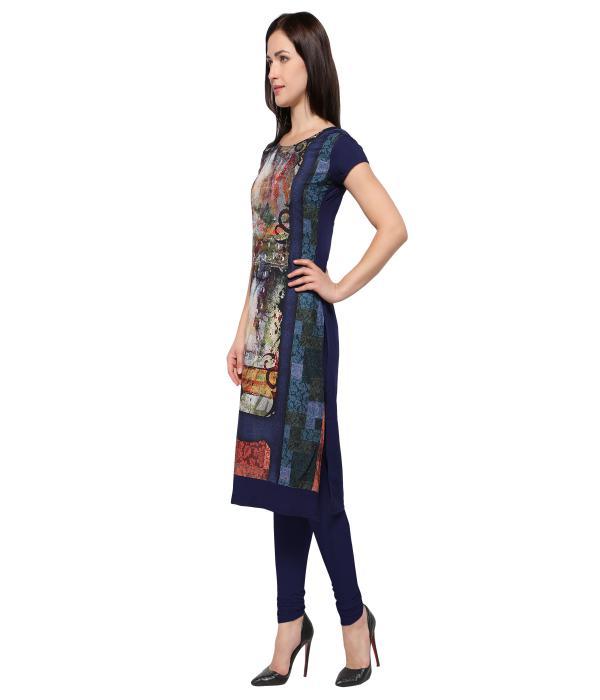Navy Blue Crape Kurti - Round Neck, Short Sleeves | Digital Print Front And Sleeves, Casual Dress, Available In Sizes M-xxl