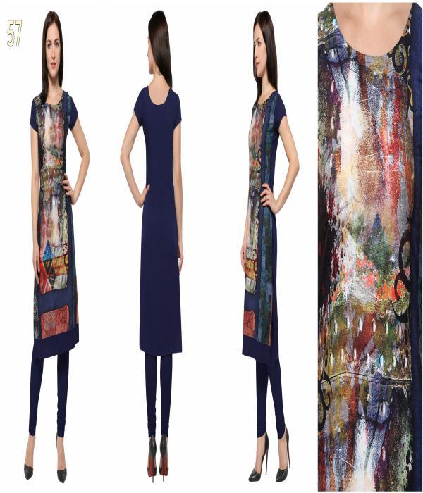 Navy Blue Crape Kurti - Round Neck, Short Sleeves | Digital Print Front And Sleeves, Casual Dress, Available In Sizes M-xxl