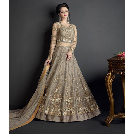 Grey Ladies Netted Lehenga Suit