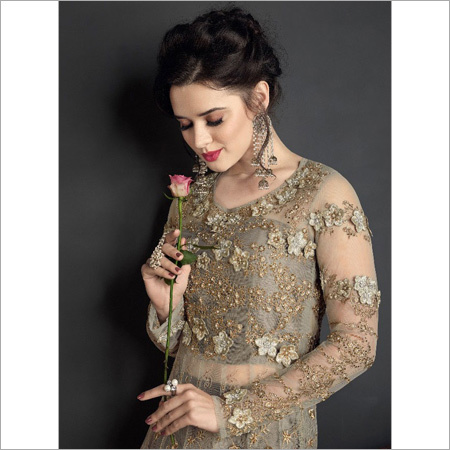 Grey Ladies Netted Lehenga Suit