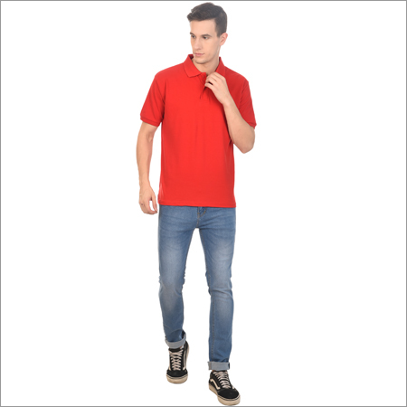 Mens Polo Neck Red T-shirt - Cotton, Short Sleeves, Plain, Customizable Size | Seamless Finish, Color Does Not Fade, Neat Stitching