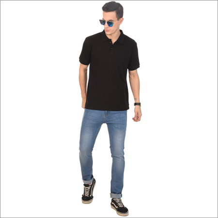 Mens Casual Wear Polo Neck T-Shirt - Cotton, Black, Short Sleeves | Elegant Look, Soft Texture, Easy to Wash