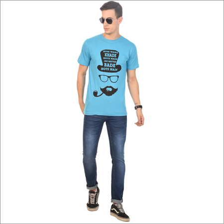 Mens Half Sleeves Printed T-Shirt - Cotton, Available in Multiple Sizes , Elegant Look with Intricate Design and Smooth Finishing in Blue
